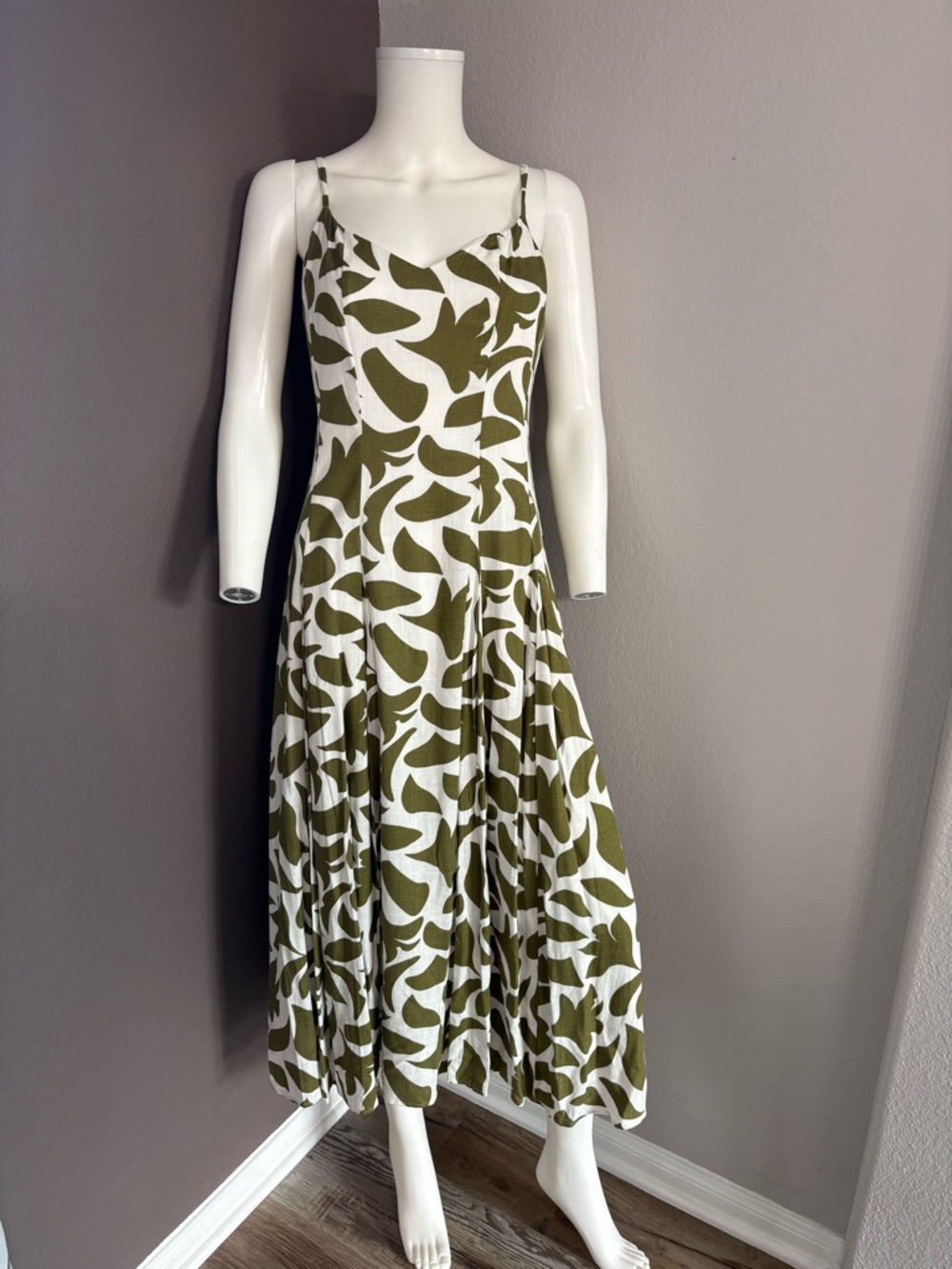 MSK Olive and White Printed Maxi Dress with Spaghetti Straps